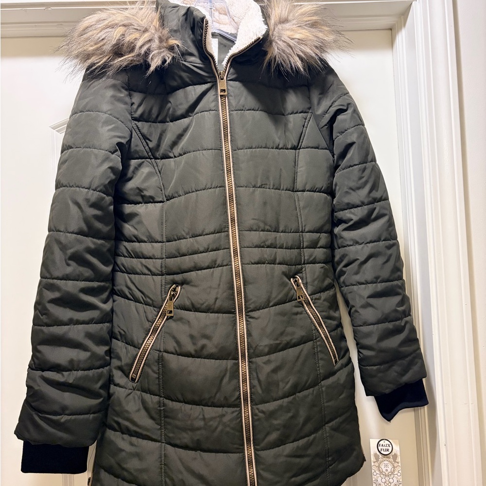 Women's Olive Quilted Jacket with Faux Fur Hood